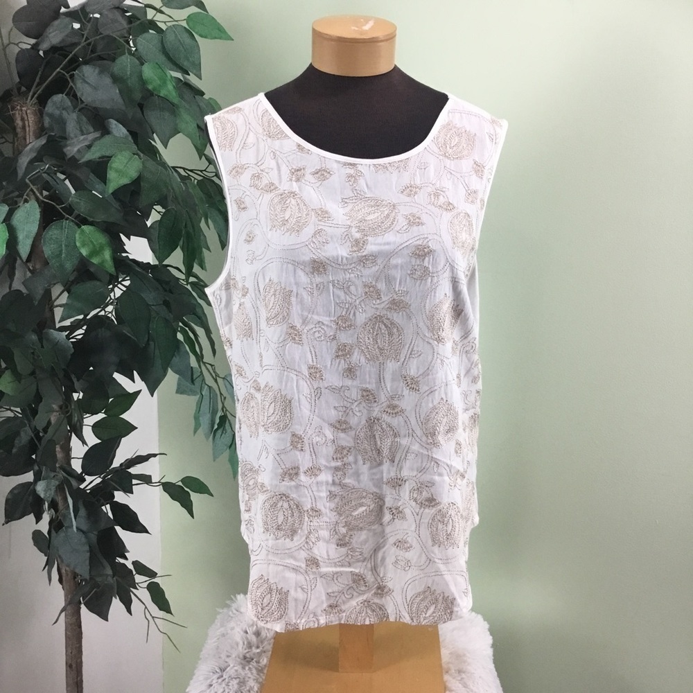 Joan Vass XL off white tank with gold embroidery